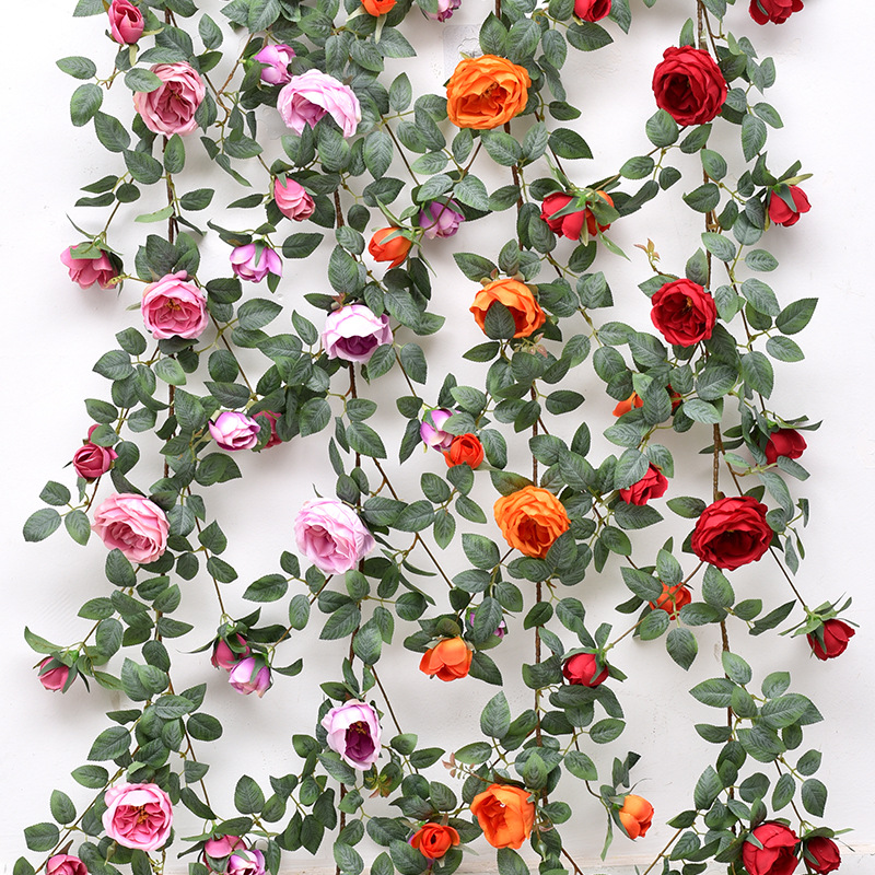 仿真玫瑰花墙面垂吊假花蔷薇藤蔓户外绿植塑料壁挂花装饰阳台植物