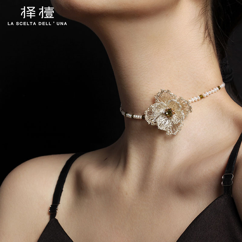 择撎蜉撎系列原创天然淡水珍珠手工编织花朵项链女新中式高级感