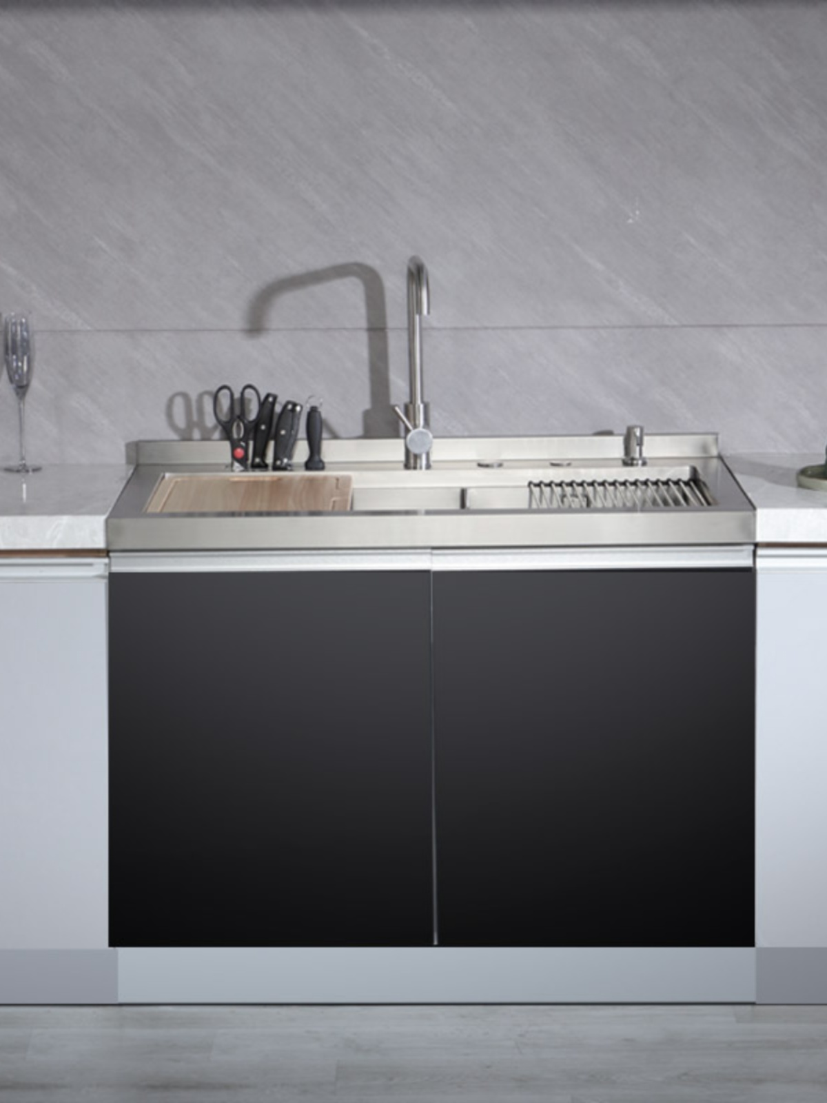 森琴S6集成水槽厨房 一体柜洗碗池1米款单双槽 手工拉丝304水盆