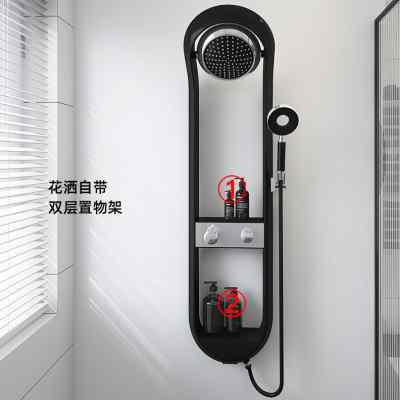德国淋浴屏花洒套装家用恒温轻奢风黑色洗澡喷头挂墙式双层置物架