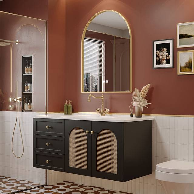 法式复古藤编浴室柜组合陶瓷一体洗漱盆橡木实木卫生间洗脸洗手池