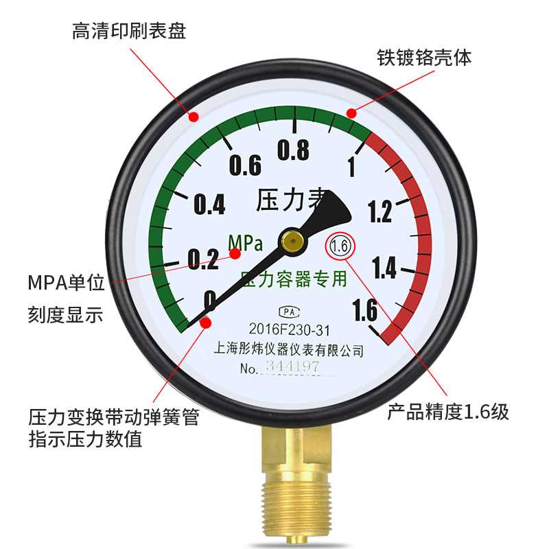 压力表储气罐压机压力表1.6/2.5mpa轴向径向气表压y100z背空接式