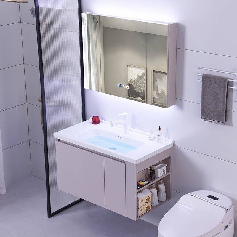 现代简约奶油风陶瓷一体盆浴室柜组合卫生间洗手洗脸盆洗漱台卫浴