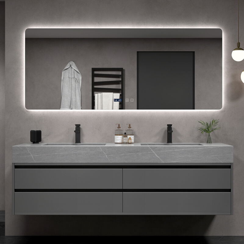 现代简约岩板一体浴室柜组合轻奢无缝陶瓷洗手池洗脸台盆洗漱双盆