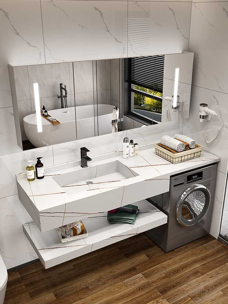 简约岩板一体盆浴室柜组合卫生间洗脸盆带洗衣机平面款智能卫浴柜