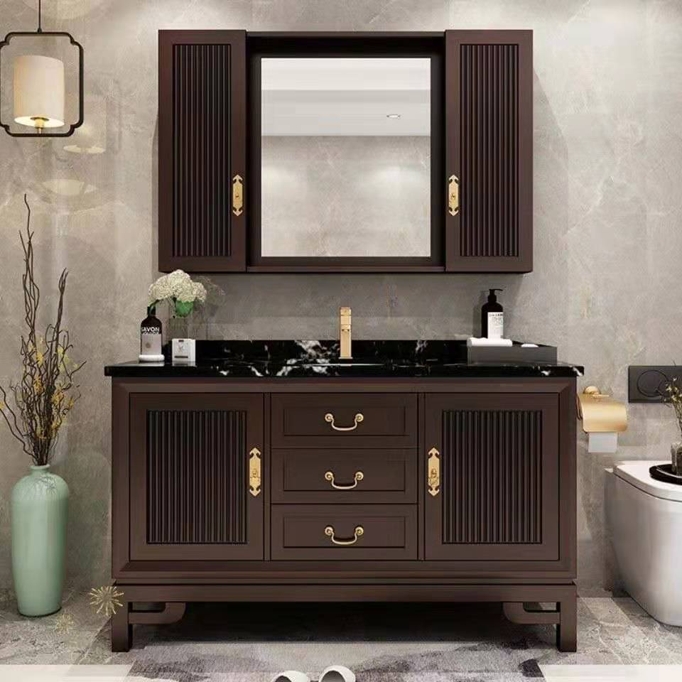 新中式岩板浴室柜组合洗手池橡木洗脸盆现代轻奢卫生间洗漱台卫浴