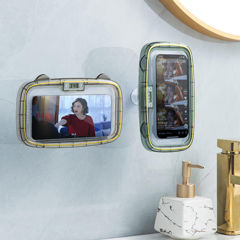 跨境新款浴室可旋转防水手机盒免打孔厨房厕所追剧挂壁手机支架