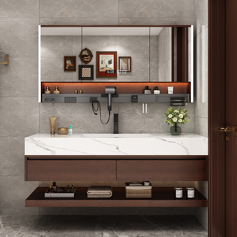 现代新中式浴室柜岩板无缝陶瓷盆橡木洗脸盆洗漱台卫生间组合卫浴