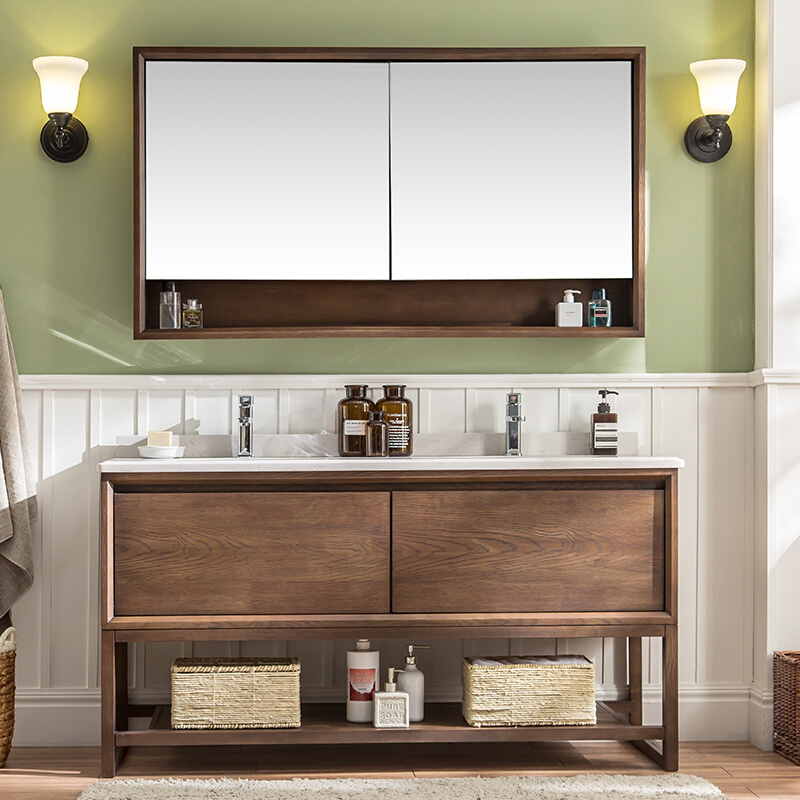 美式浴室柜镜柜组合北欧实木带纹理卫浴柜现代简约双盆洗脸洗漱盆