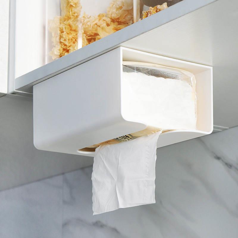 下挂纸巾盒无痕贴墙上洗脸巾收纳盒壁挂塑料简单桌下抽纸盒白色