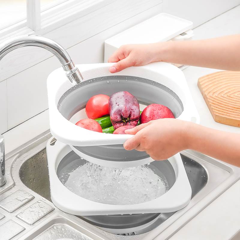 厨房折叠洗菜盆多功能双层镂空洗水果蔬菜沥水篮卫生间伸缩洗脸盆