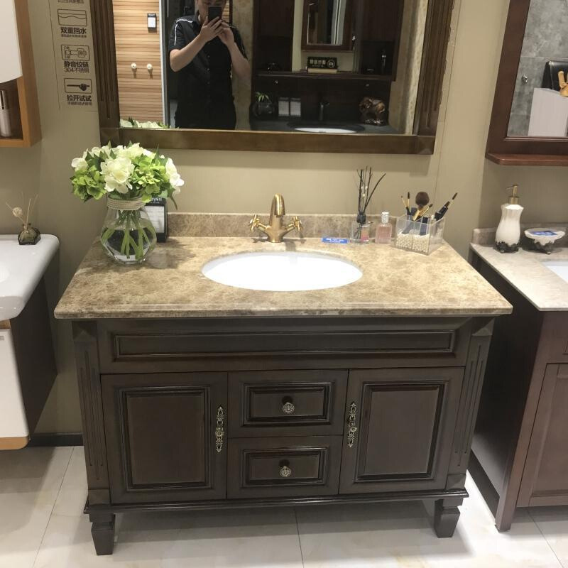 美式实木落地浴室柜组合天然大理石台面洗脸面盆卫浴柜洗漱台镜柜