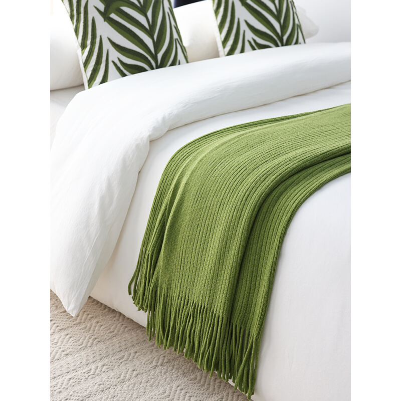新品北欧田园风草绿色针织毯子床尾巾盖毯沙发装饰毯纯色包邮新款