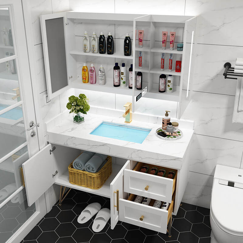 新款北欧智能浴室柜组合现代简约橡木实木洗脸洗手盆卫生间洗漱台