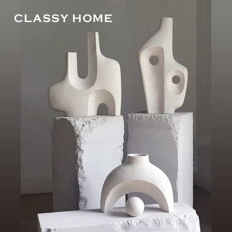 现代抽象简约个性几何白色陶瓷花瓶客厅样板间花插花器侘寂风摆件