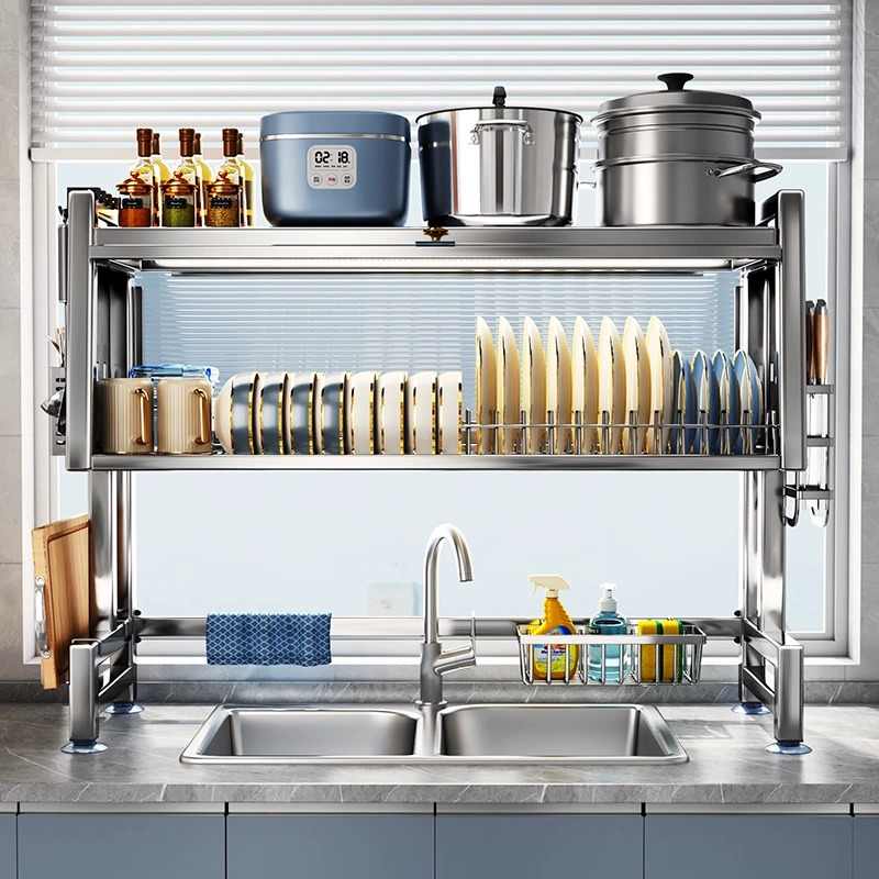 不锈钢厨房水槽置物架家用碗碟收纳架水池洗碗槽碗柜多功能沥水架