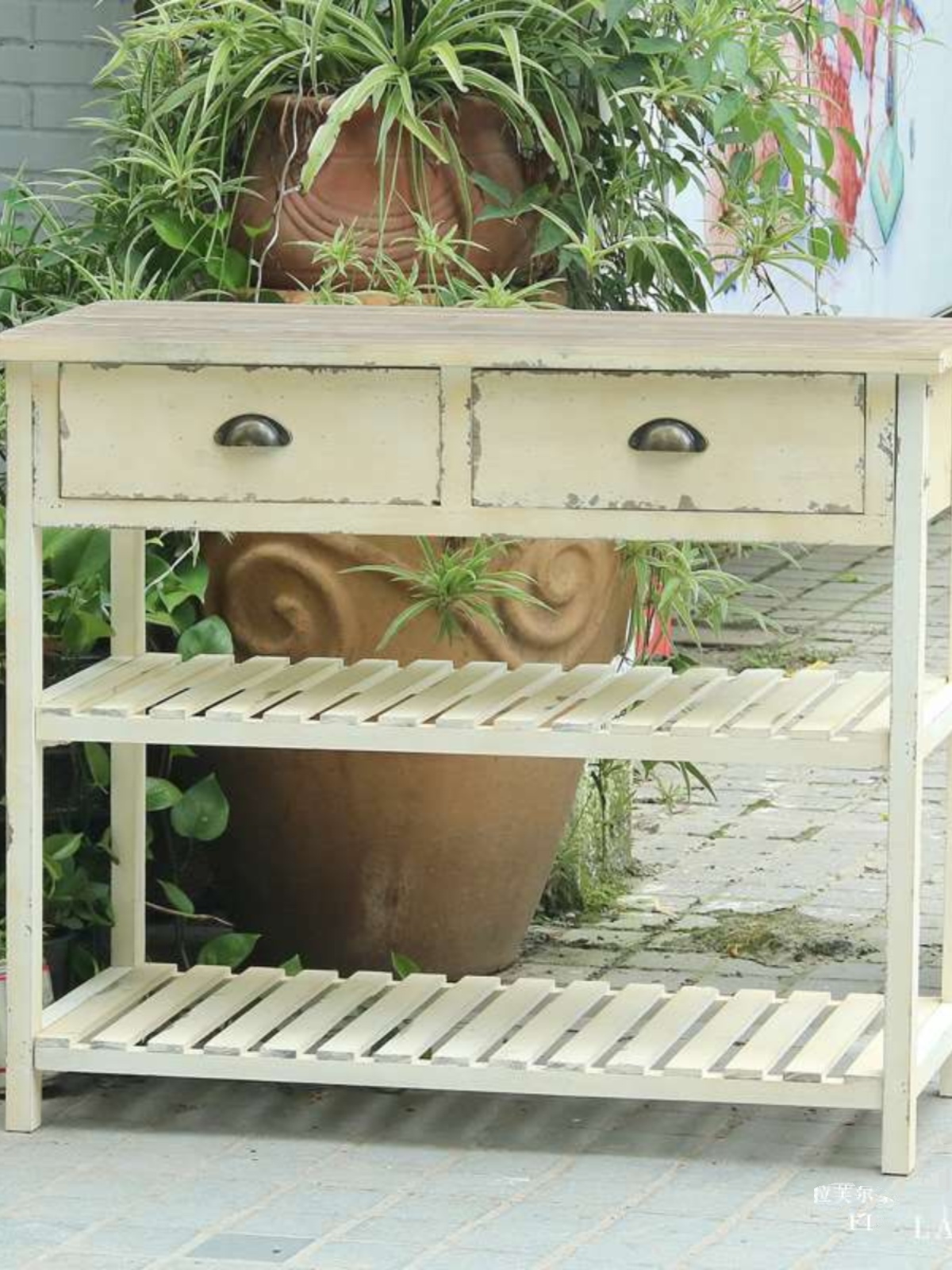 美式做旧实木花架露台置物桌工具收纳花艺装饰花园操作台拉芙尔