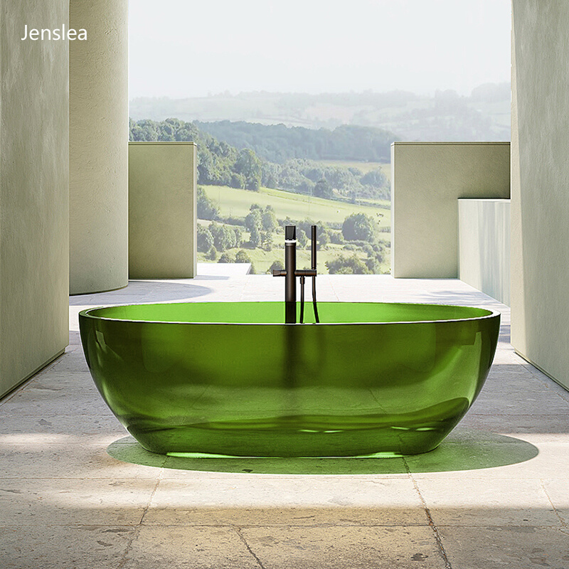 彩色透明树脂缸独立式家用浴缸双人情侣酒店民宿椭圆型人造石浴缸