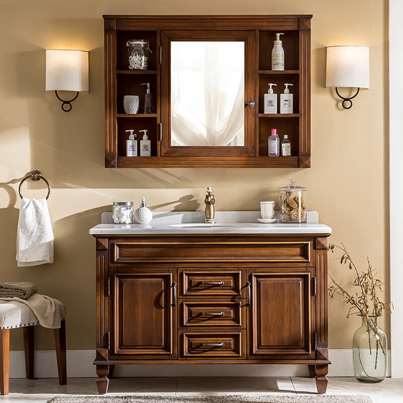 卫浴美式浴室柜洗手盆面盆柜组合台盆柜防水落地式橡木实木卫生间
