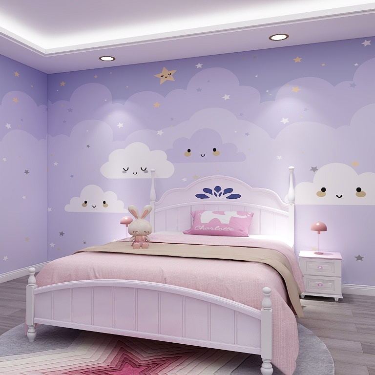 全屋定制女孩房墙布卡通粉色星星云朵壁纸儿童房卧室床头背景墙纸