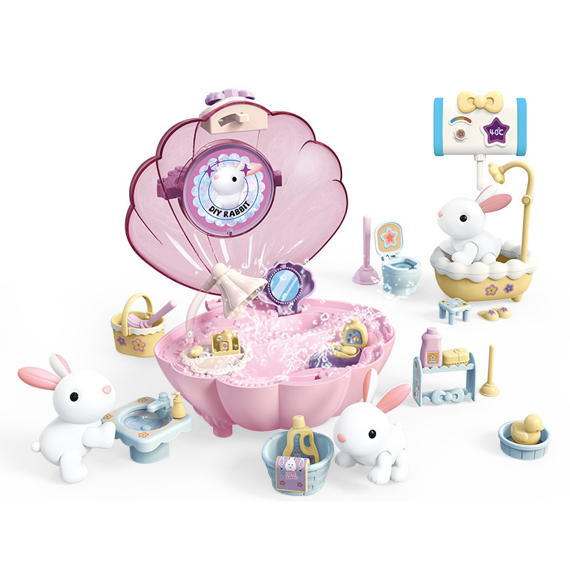 萌萌小兔子宠物过家家浴室玩具套装喷水浴缸萌兔贝壳屋娃女孩玩具