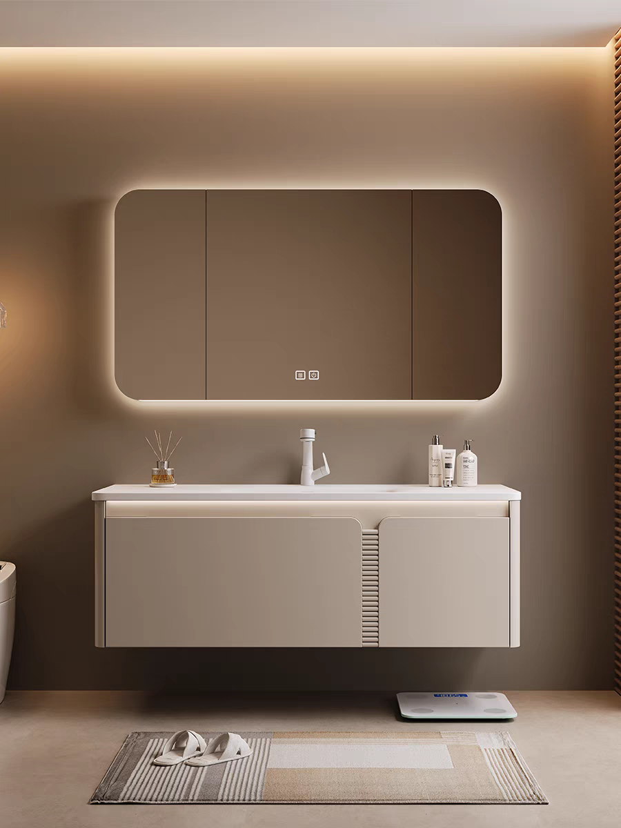 奶油风橡木浴室柜组合智能镜柜岩板热弯一体盆卫生间洗手盆洗漱台