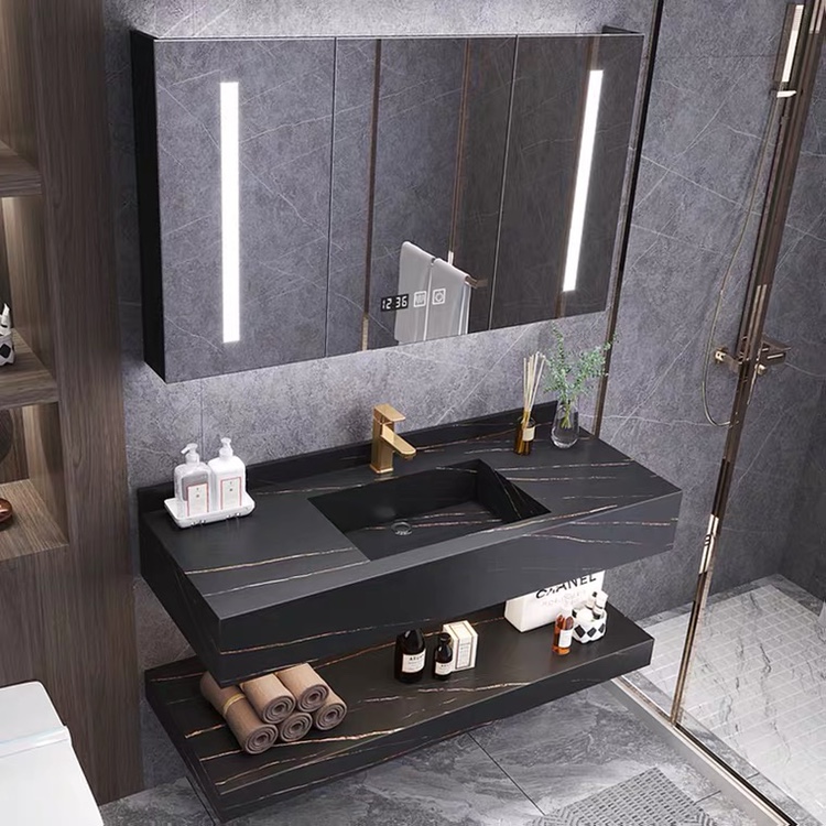 北欧岩板一体盆浴室柜组合轻奢智能洗漱台卫生间洗脸洗手盆卫浴柜