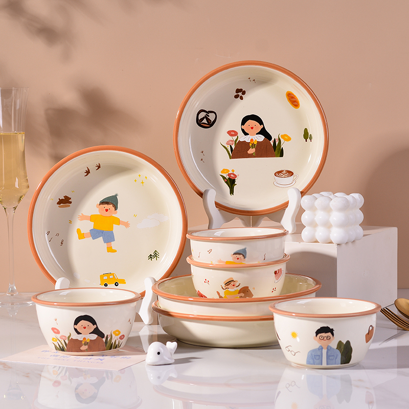 一家三口米饭碗盘子釉下彩卡通亲子碗餐盘儿童碗陶瓷家庭个人专用