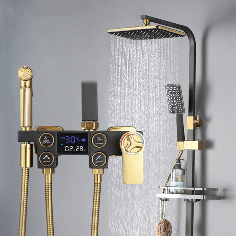 简易明装淋浴方形喷头恒温全铜增压花洒黑色龙头套装家用6001-08