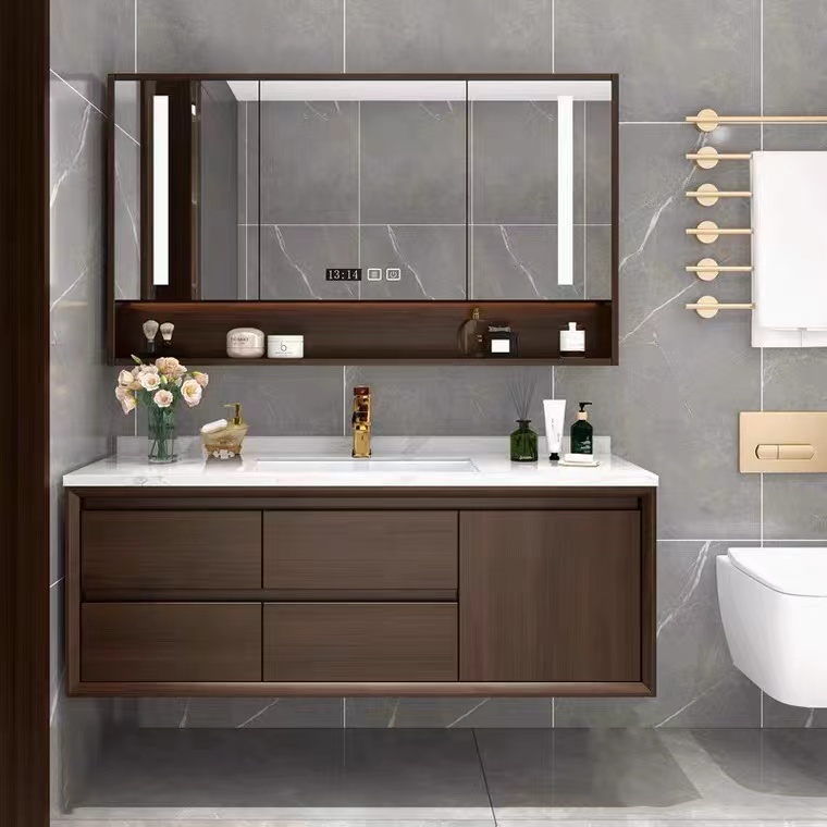 岩板美式中式陶瓷一体盆浴室柜组合洗脸盆洗手台实木洗漱台卫生间
