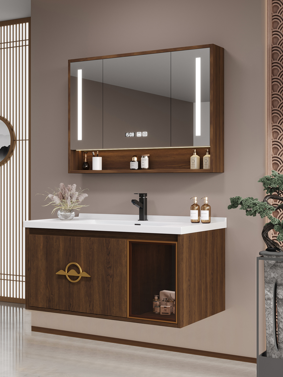 现代卫浴新中式陶瓷一体盆浴室柜智能轻奢洗脸手盆柜组合洗漱台池