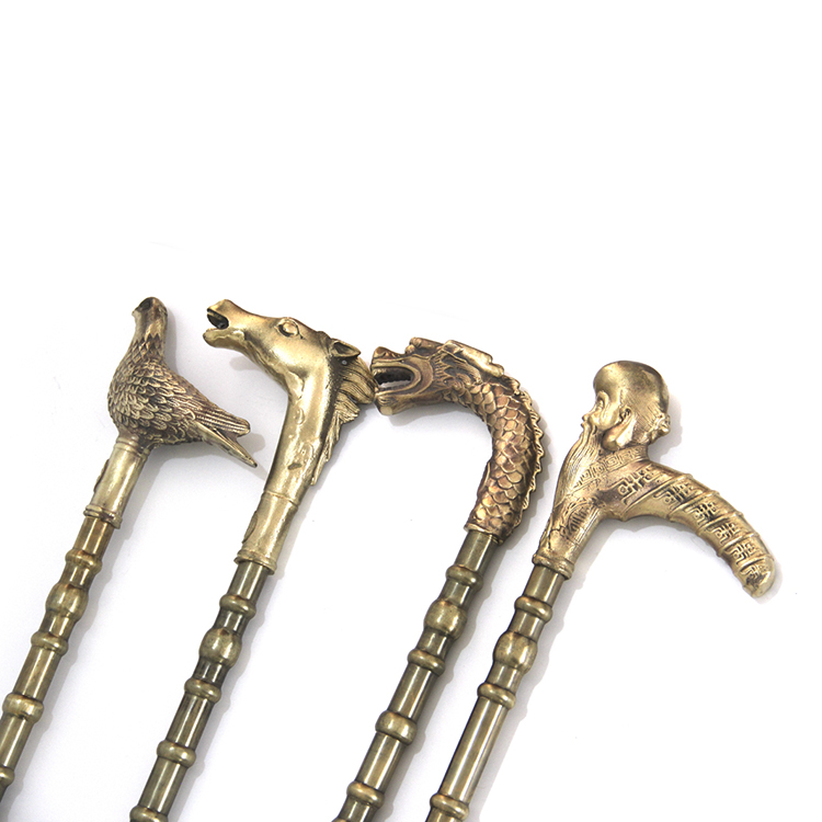 咸宝阁 黄铜老人拐杖寿星杖马头龙头金丝雀型手杖纯铜导辊拐杖
