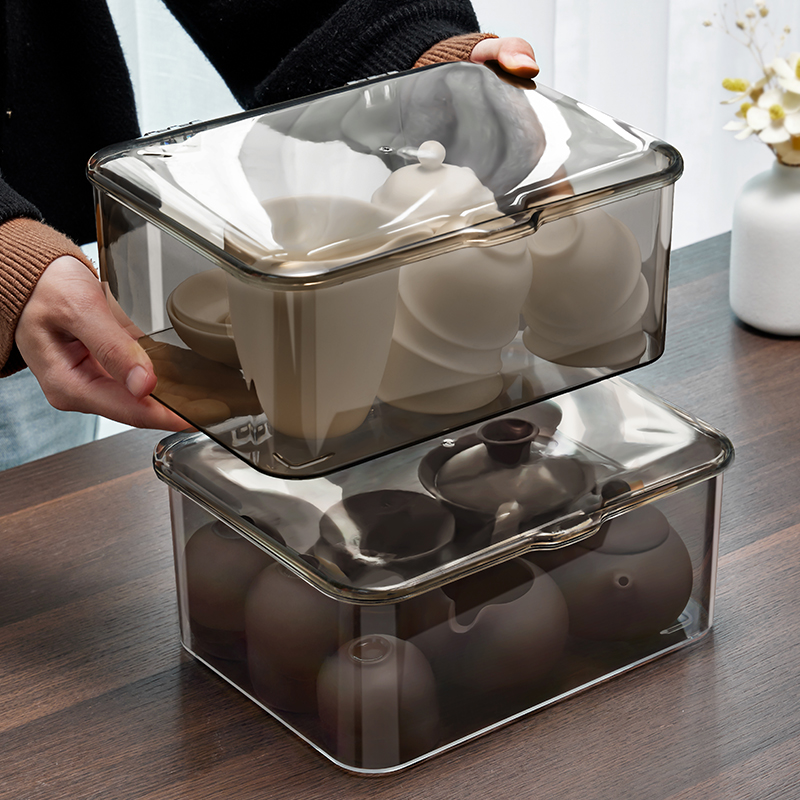 茶具收纳盒带盖防尘亚克力透明大容量家居装茶碗可叠加桌面置物架
