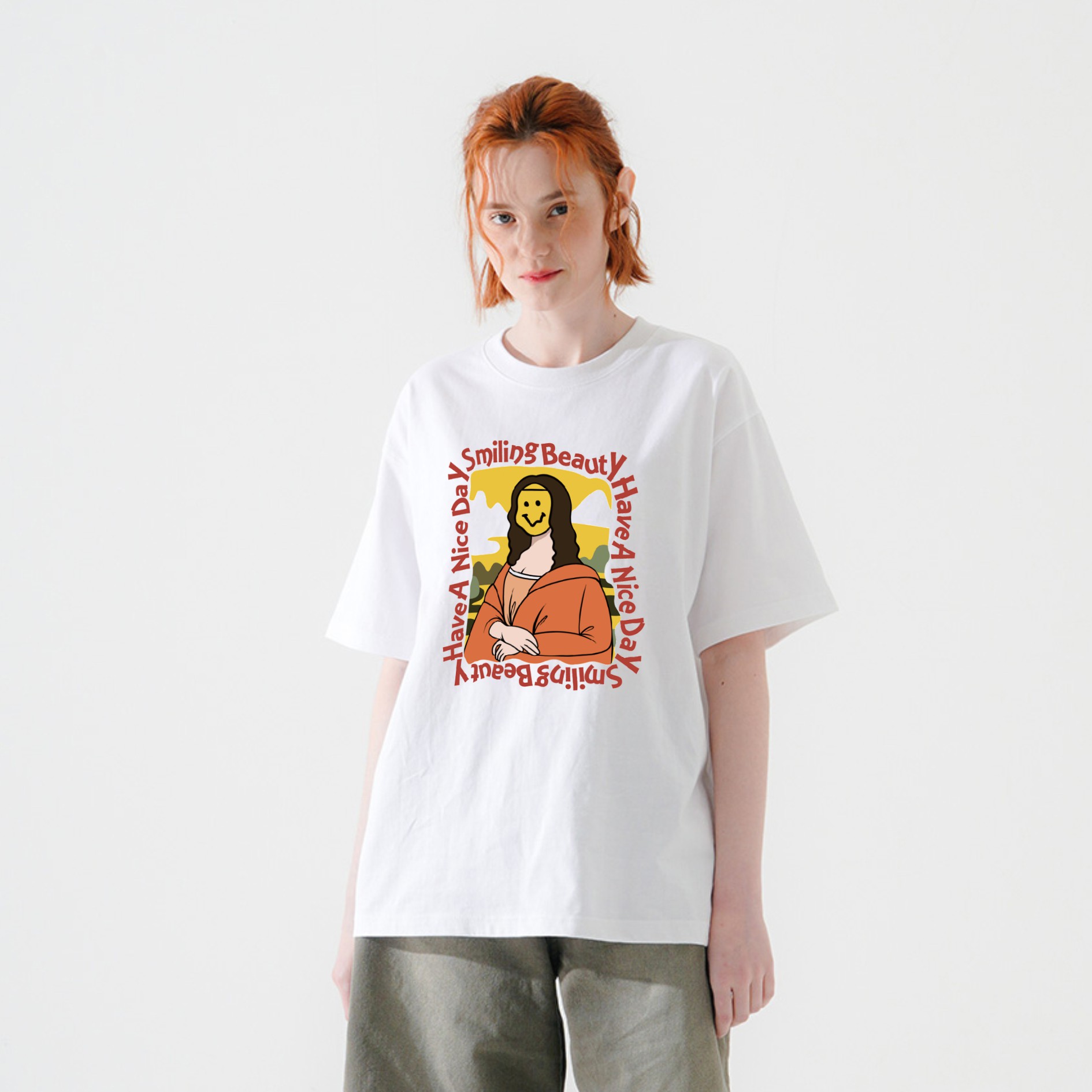 DAOZ原创潮牌街头趣味卡通笑脸蒙娜丽莎印花男女宽松情侣短袖T恤