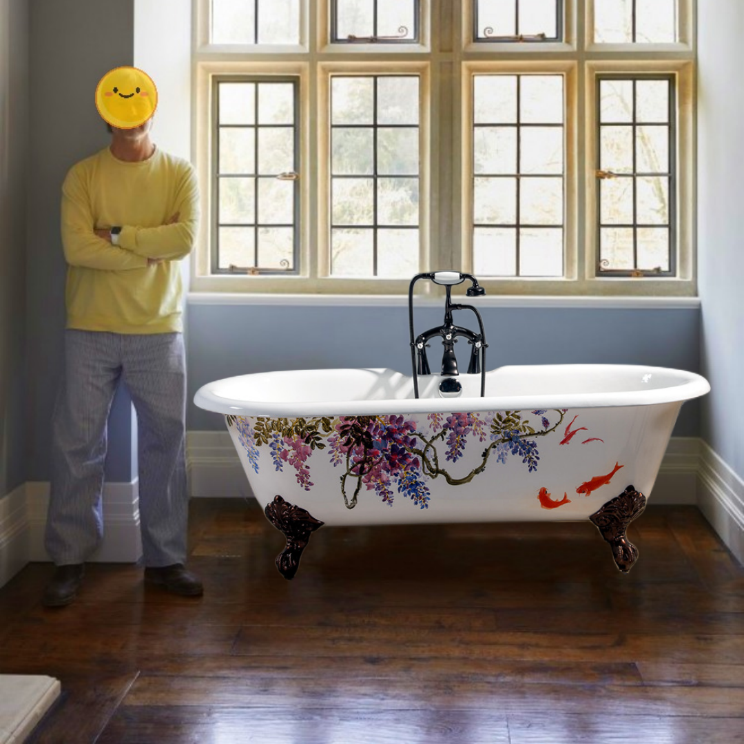 新品卫浴独立式铸铁浴缸手绘艺术紫藤工笔国画外饰中式家装泡浴盆