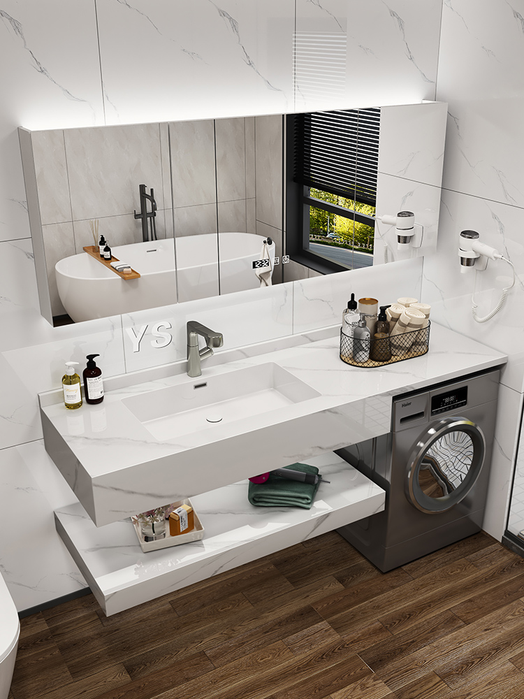 家用卫生间挂墙式岩板一体盆带洗衣机平面款镜柜卫浴组合