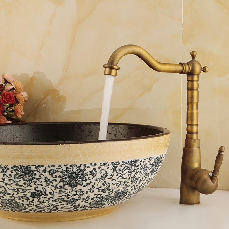 洗手间浴室单把单孔冷热面盆龙头 全铜欧式复古混水龙头可旋转