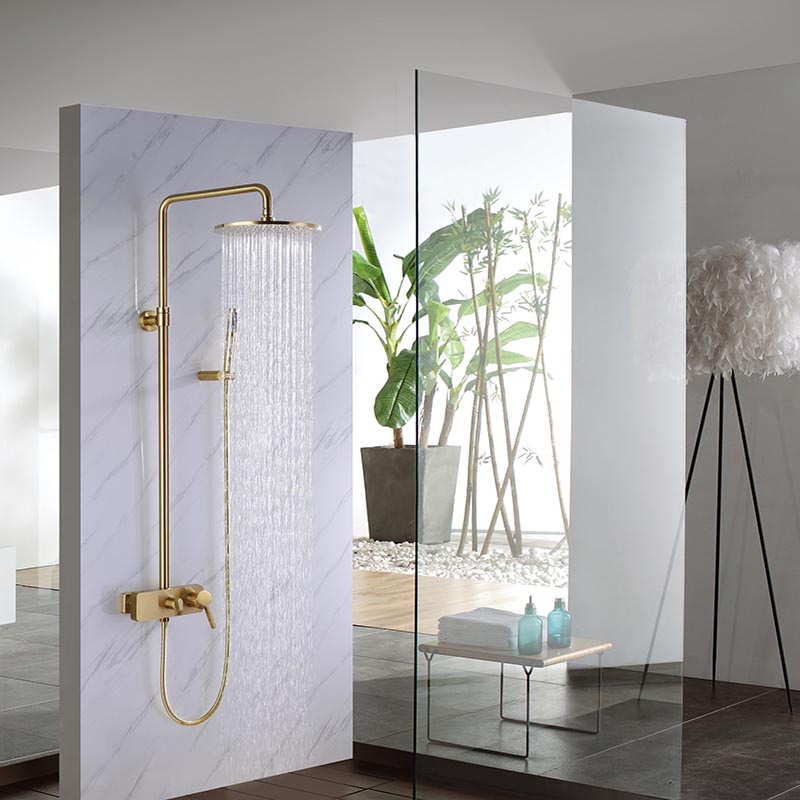 出口德国黄铜冷热拉丝金色淋浴花洒套装挂墙式北欧卫生间淋浴器