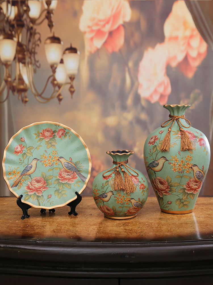 摆件家居饰品创意陶瓷花瓶三件套欧式客厅酒柜电视柜装饰摆设美式