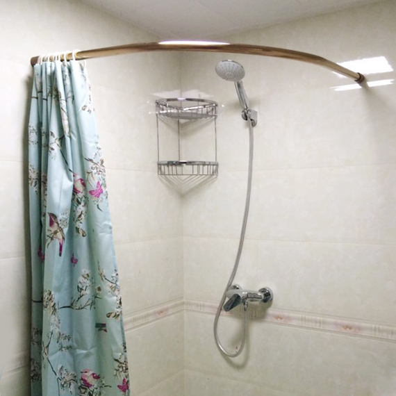 304不锈钢浴帘杆打孔l形玫瑰金色卫生间转角弧形古铜色浴室窗帘杆