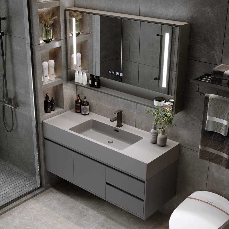 轻奢风浴室柜组合微晶岩石一体套装卫生间洗漱台盆镜柜洗脸洗手池