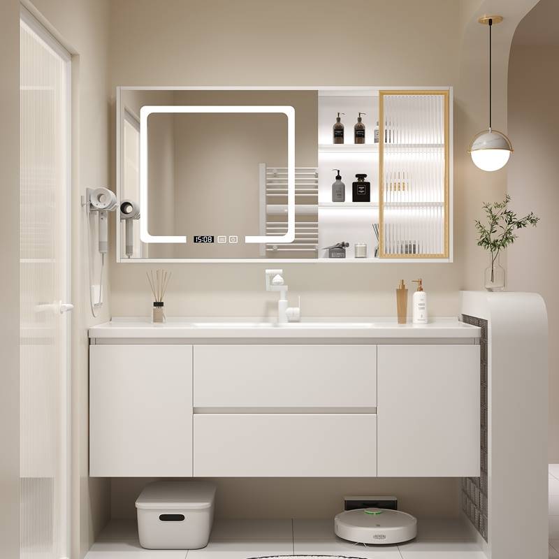 奶油色陶瓷一体盆浴室柜组合2023新款卫浴洗手洗脸池卫生间洗漱台