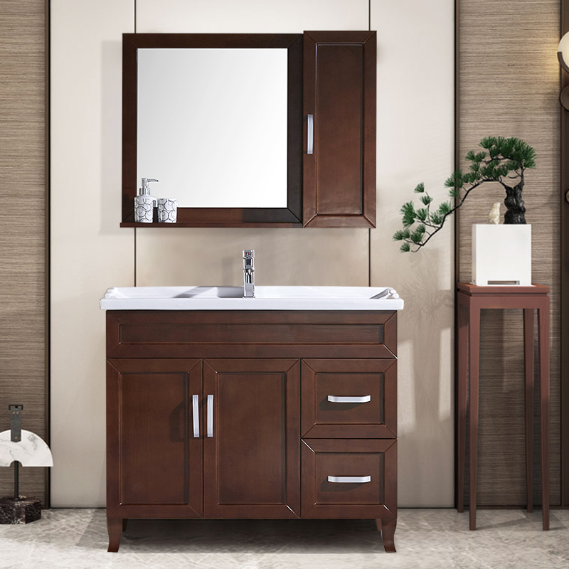 现代中式浴室柜落地式实木洗脸台盆柜组合整体卫生间洗漱台卫浴柜