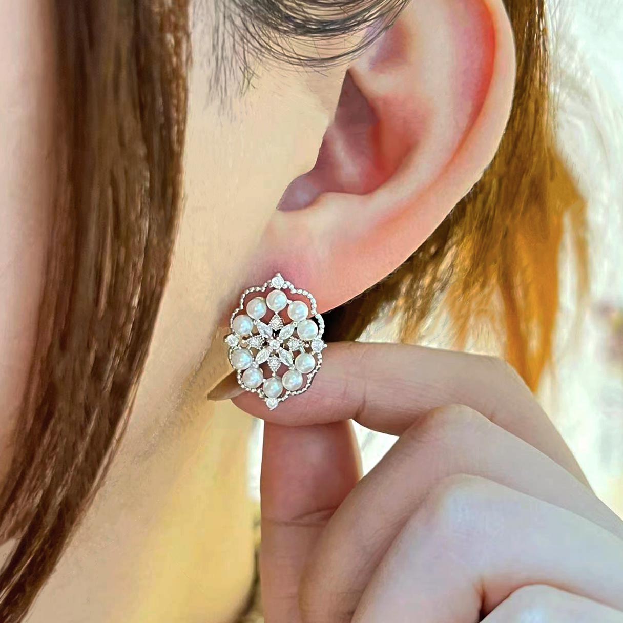 《布契拉提》设计款珍珠耳环女复古镶钻耳饰宫廷风蕾丝边耳钉小众