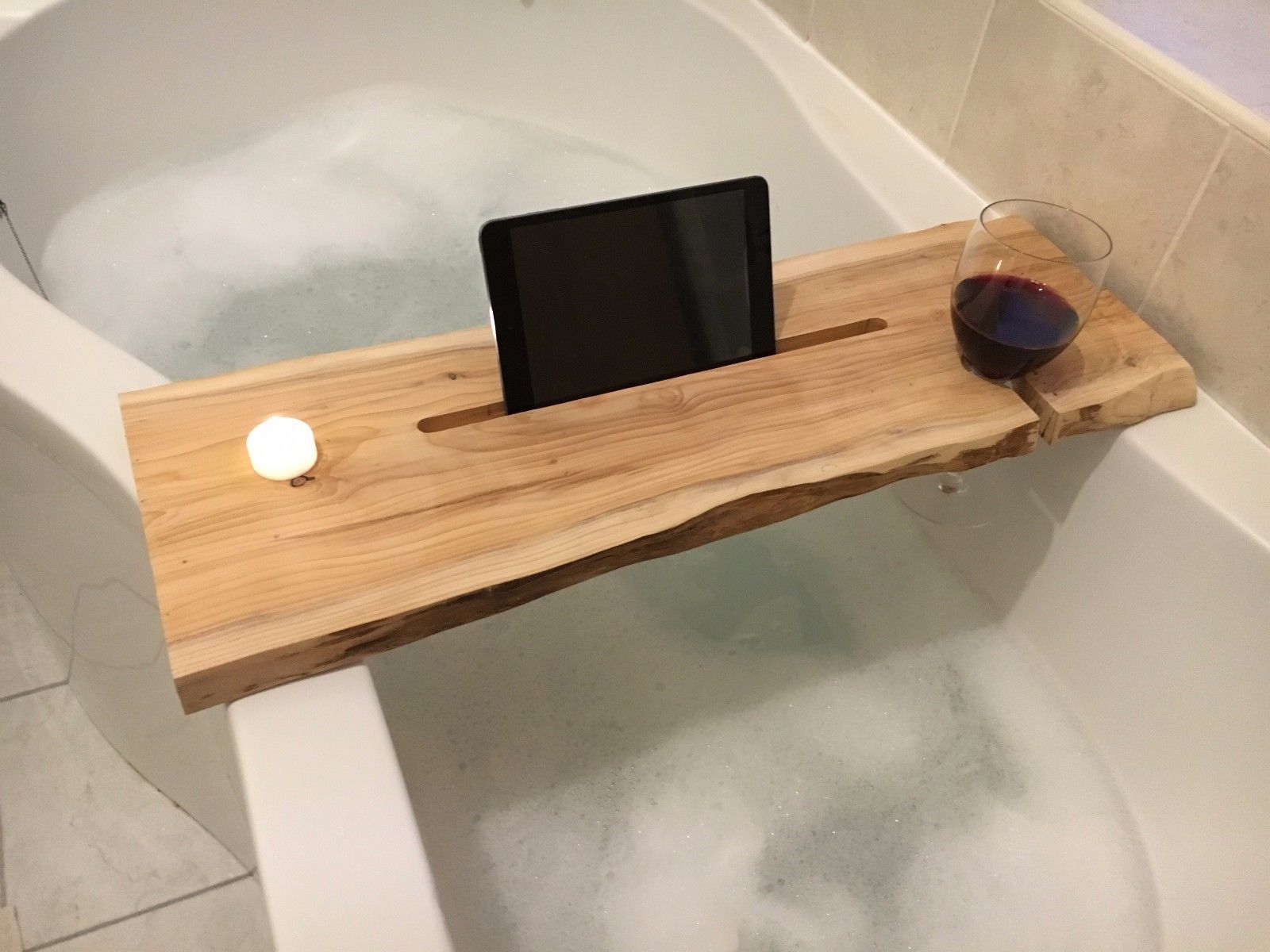 浴缸置物架原木一字隔板实木收纳架澡盆浴缸边隔板多功能木板