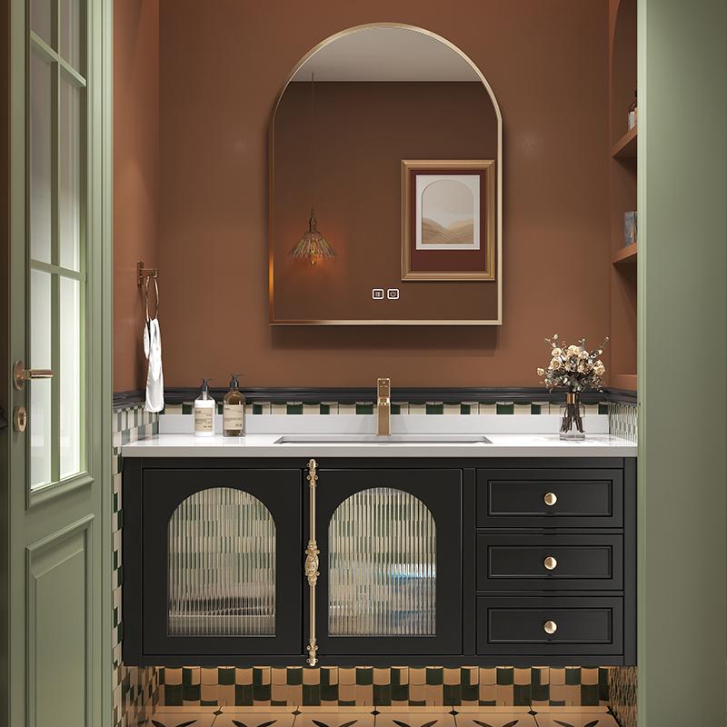 法式橡木浴室柜组合岩板一体陶瓷盆洗手台洗脸盆卫生间洗漱台卫浴
