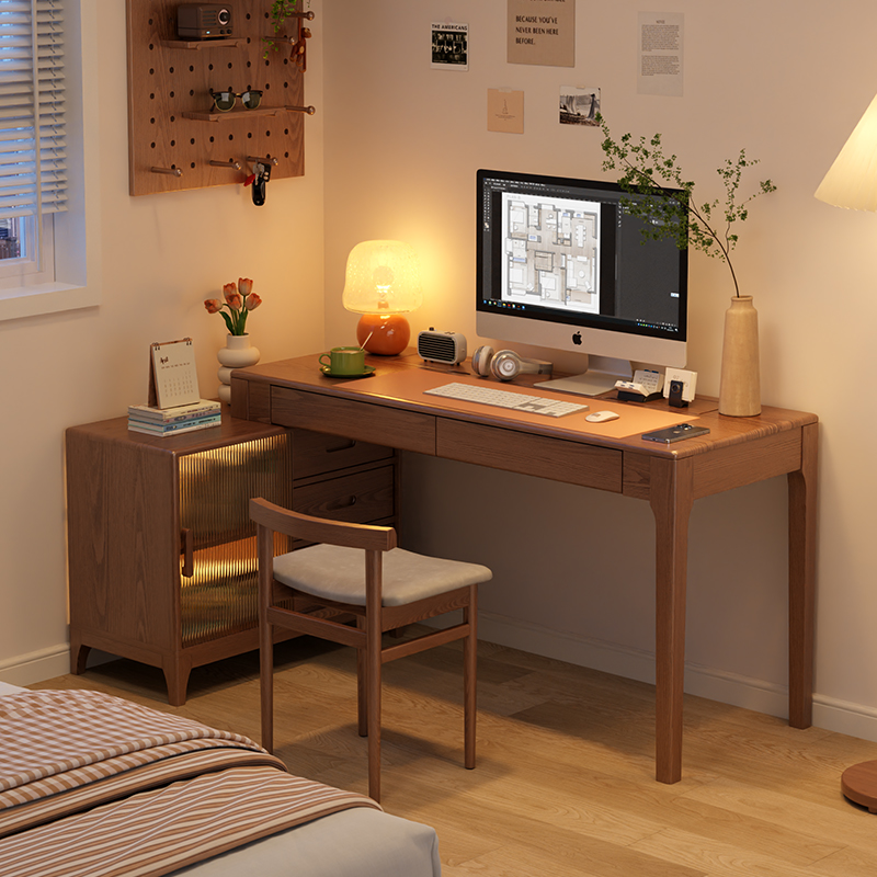 冬木实木转角书桌书柜一体桌椅组合小户型家用l型电脑桌双人拐角