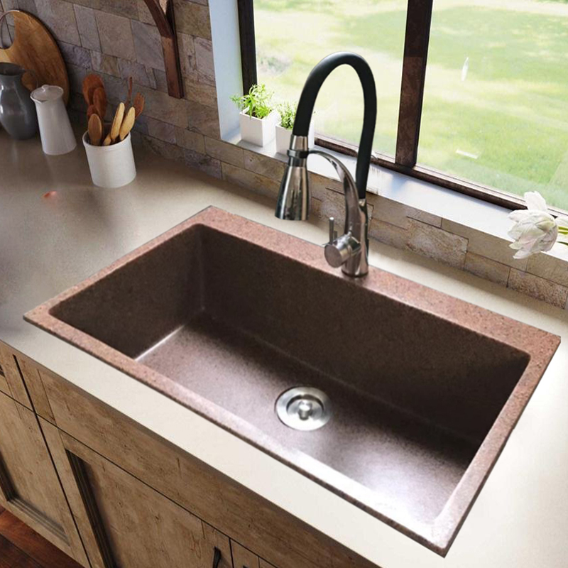 咖啡色晶面石英石大单槽厨房洗菜盆洗碗池手工高含量花岗岩水槽