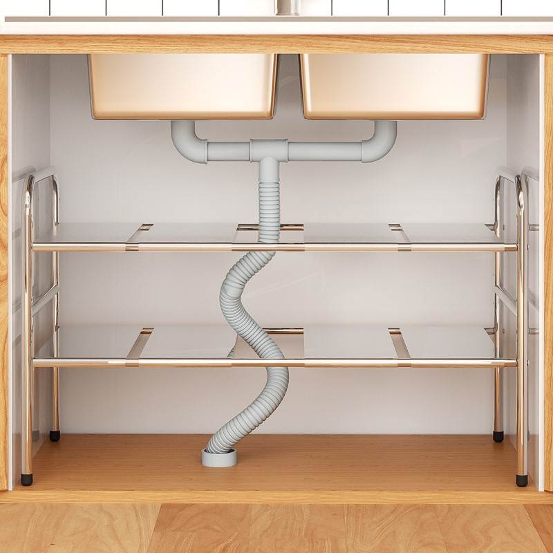 厨房下水槽置物架收纳整洁卫生间收纳可伸缩橱柜落地分层收纳锅架