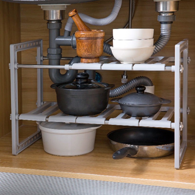 米立方厨房水槽下置物架下水管架锅架可伸缩橱柜双层收纳整理架